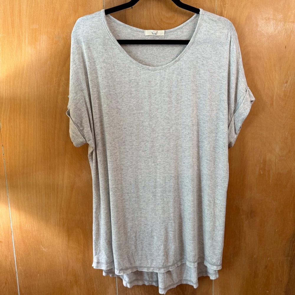 Easel Women Grey Marl Short Sleeve Scoop Neck Oversized Pleated Back Top L